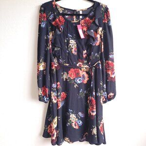 New Xhilaration navy blue with flowers long sleeve ruffle dress